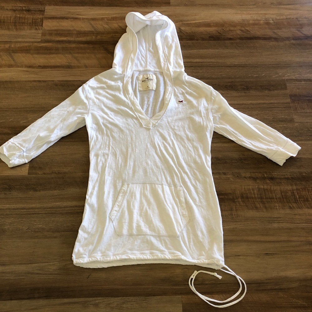 Like New Hollister White Cotton 3/4 Sleeve V-Neck Pullover Hoodie M